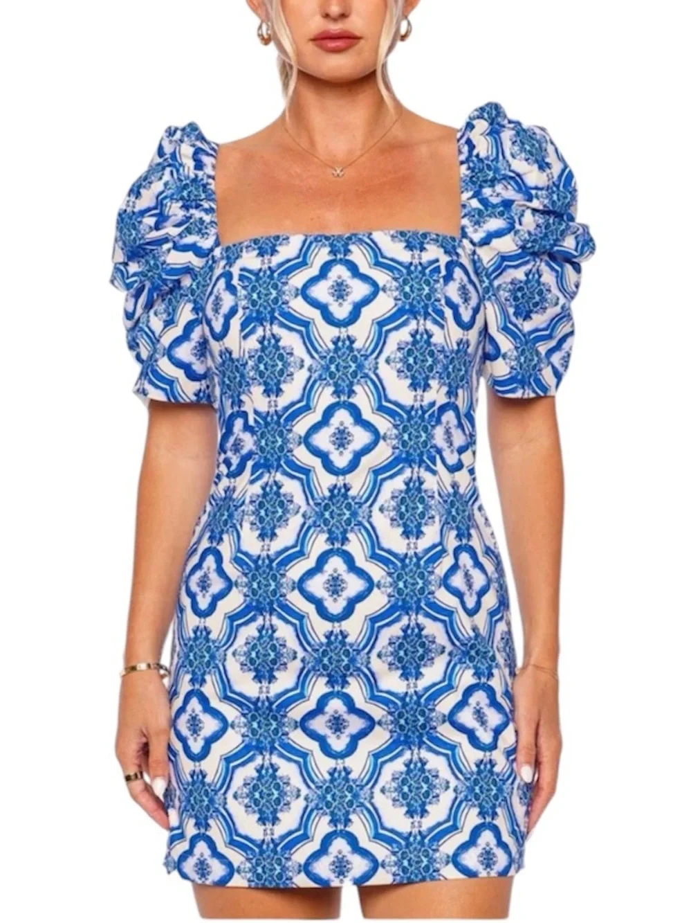 Cara Cara | Women’s Puff Sleeve Kelly Blue Mosaic Poplin Size Medium